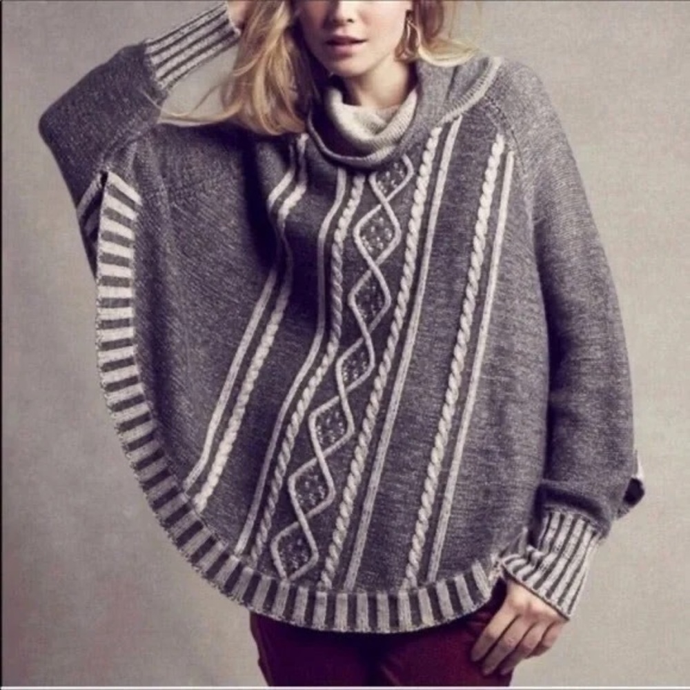 Poncho sweater cable knit cotton size large black grey cowl neck